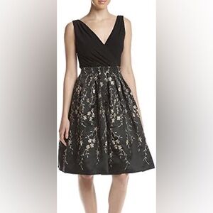 R&M Richards Black Cocktail Dress with Gold Floral Embroidery